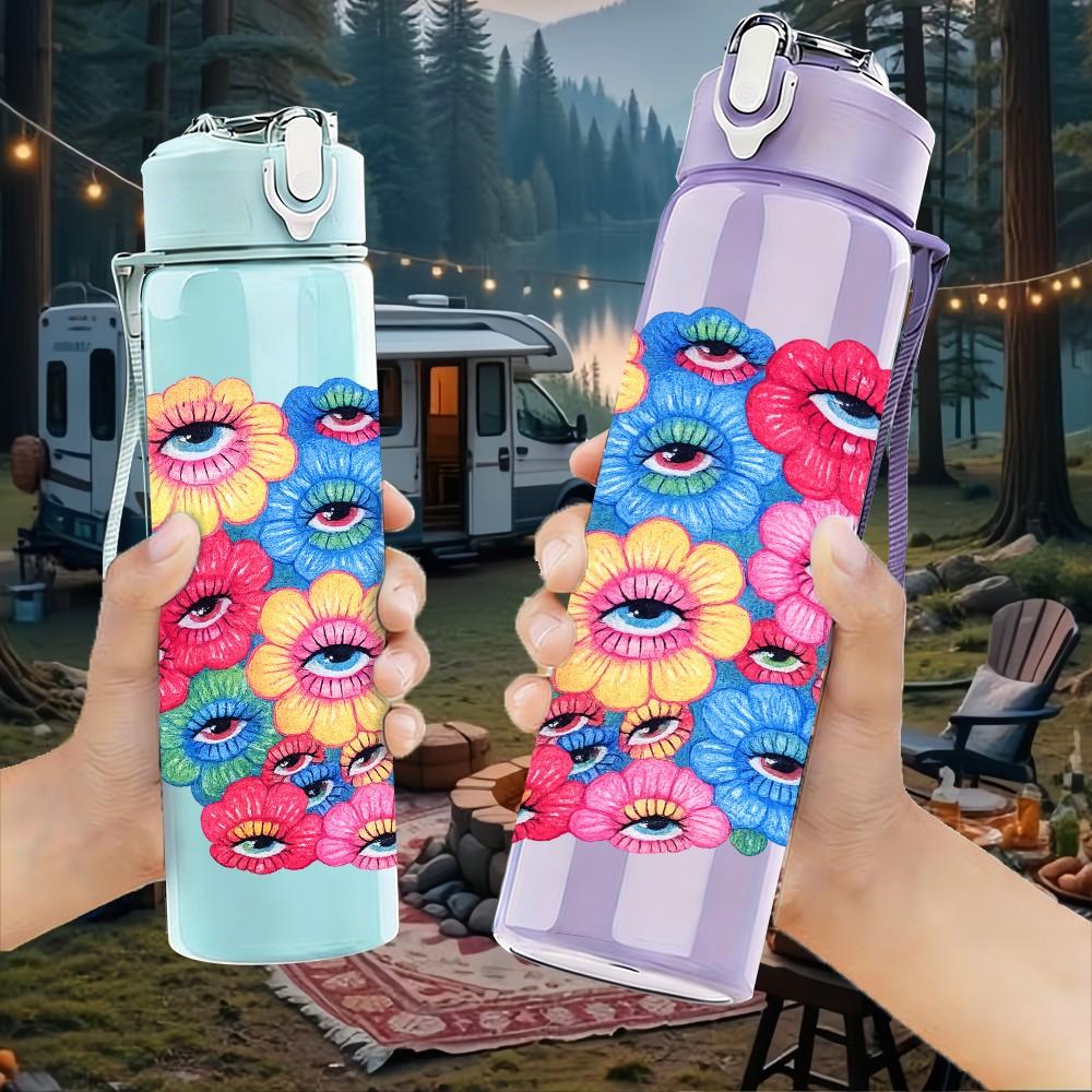 1PC Multicolor Round Flower Cluster Print 750ml Color Plastic Sports Water Bottle Leakproof Flip Straw Lid Suitable for Sports Office Home Use