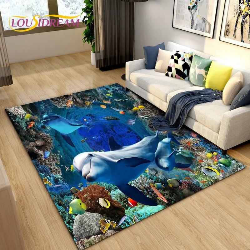 3D Carpet Seabed Illusion Underwater World Dolphin Shark Area Rug,Rug for Living Room Bedroom Sofa Doormat,Non-slip Floor Mat