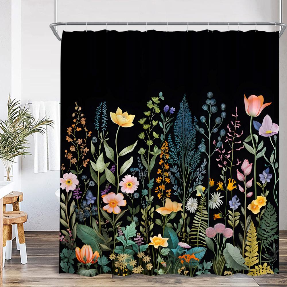 Floral Boho Shower Curtain Colored Flower Green Leaf Plant Vintage Dark Bath Curtain Polyester Fabric Bathroom Decor with Hook