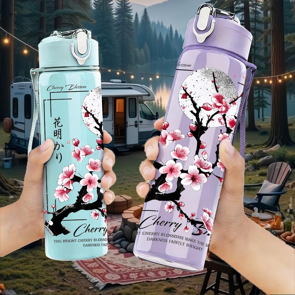 1PC Cherry Blossom Branch Asian Floral Print 750ml Color Plastic Sports Water Bottle Leakproof Flip Straw Lid Suitable for Sports Office Home Use