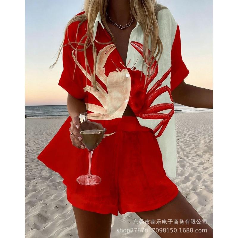 Conjunto de pantalones cortos de playa y camisa de manga corta para mujer, multicolor, vida marina, ocio, vacaciones, conjunto de dos piezas