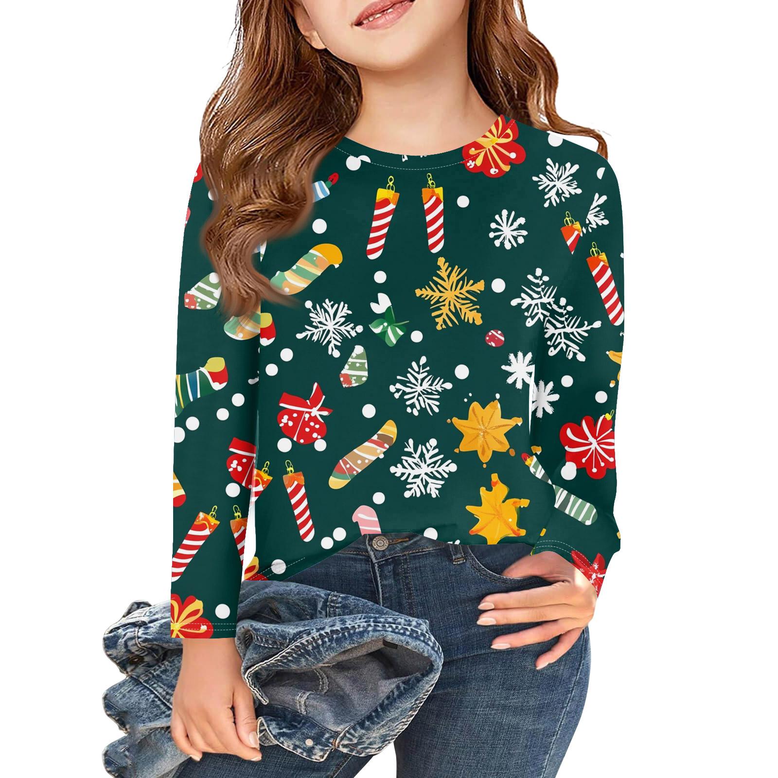 

Рождественские футболки с длинным рукавом для девочек, детские осенние топы с круглым вырезом и принтом, базовые футболки 160 зелёный