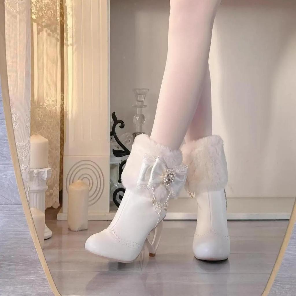 Kawaii Womens Shoes Japanese Style Lolita Cosplay Dress Boots for Girls Cute Bow Pearl Hollow-out Heels Plush Winter Boots Woman