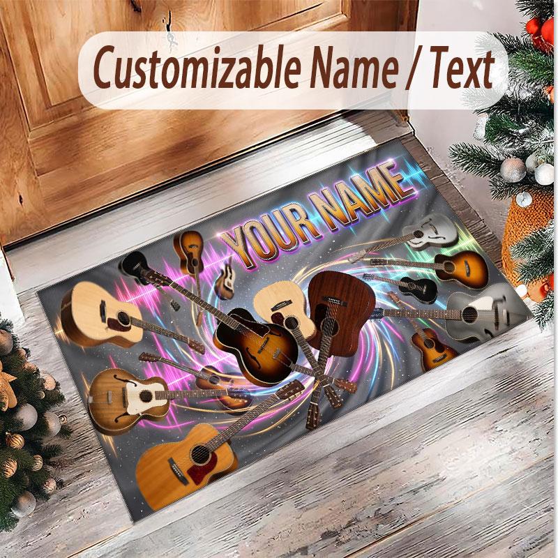 Music Guitar Theme Soft Crystal Velvet Rug Custom Name & Text Print Non Slip Floor Rug for Bedroom Living Room