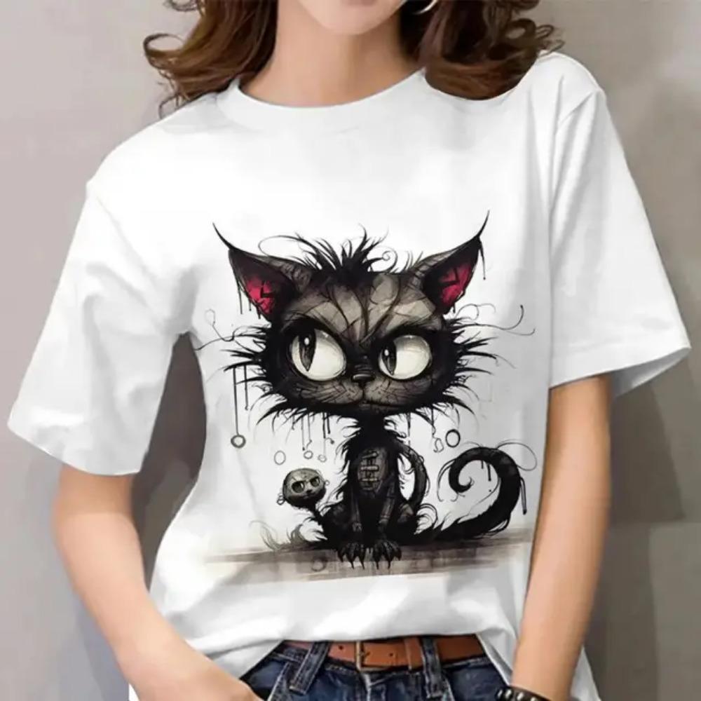 Summer fashion cat 3D printed T-shirt for women's casual round neck
