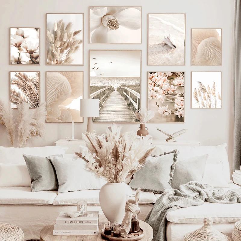Nowoczesny Nordycki Obraz Płócienny z Kwiatami Trawy, Boho Nadmorski Krajobraz, Plakat i Druk na Ścianę do Dekoracji Domu, Salonu