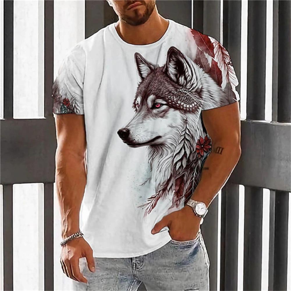 New Fashion Men's Crew Neck Short Sleeve T-Shirt with 3D Wolf and Dragon Print, Men's Casual Sports Streetwear Top