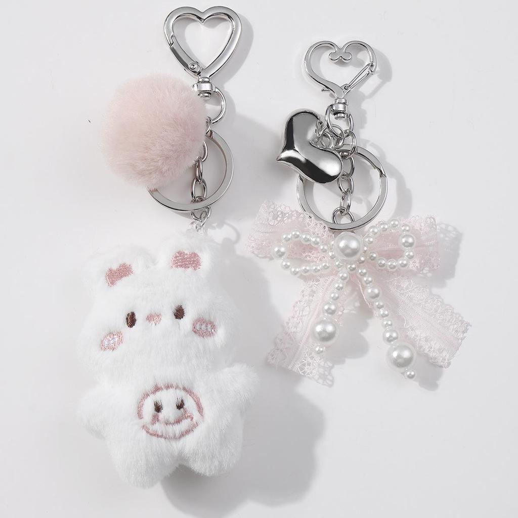 Charming DIY Pearl Lace Bow Heart Pompon Rabbit Keychain Bag Charm