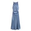 2024 European and American Fashion Black Silk Satin Midi Dress - Round Neck Sleeveless Design