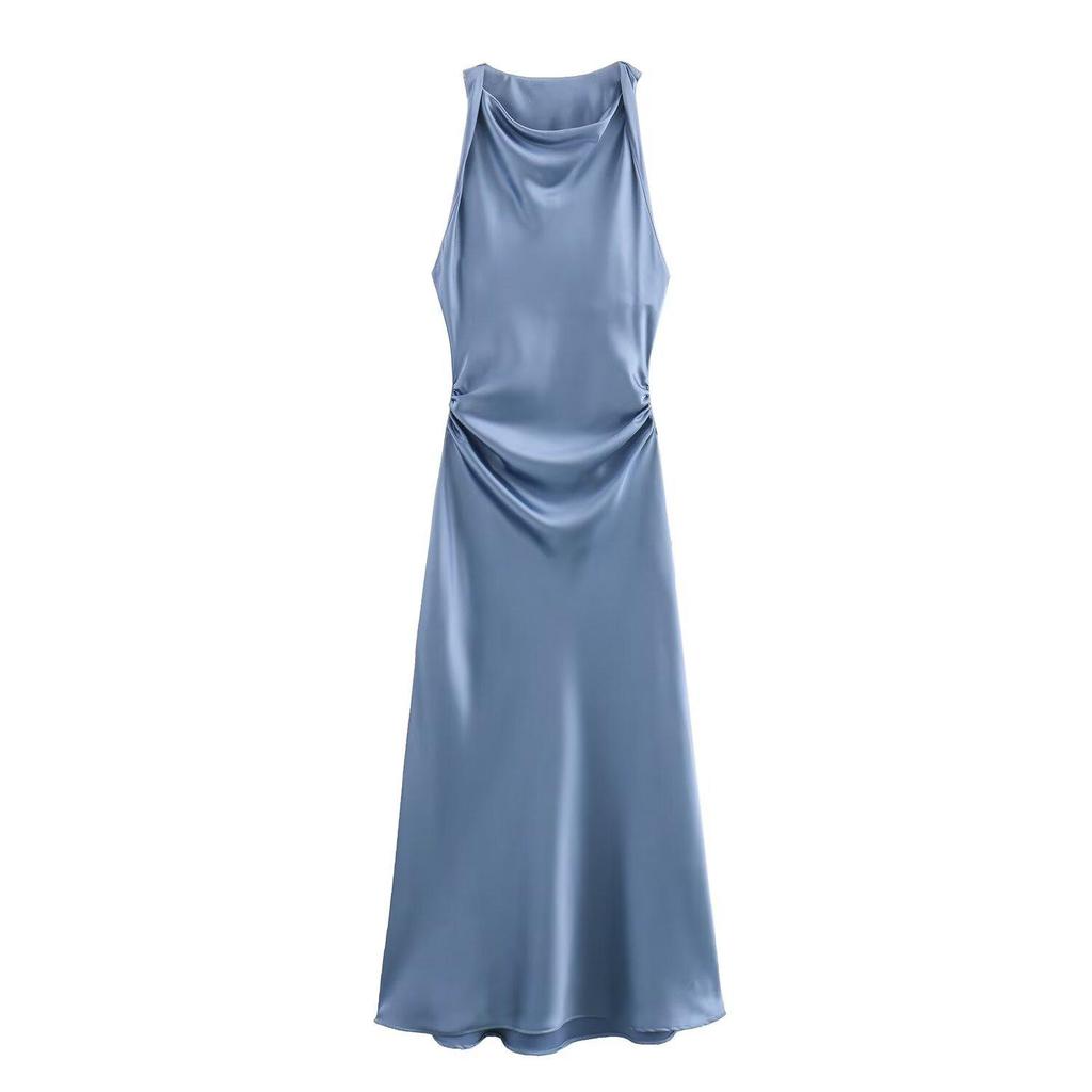 2024 European and American Fashion Black Silk Satin Midi Dress - Round Neck Sleeveless Design