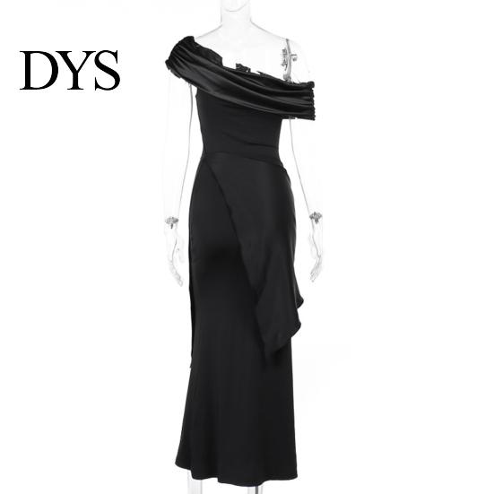 Solid Color Women Dress Lady Evening Slant Neck Off Shoulder Sleeveless Pleated Lace-up Sash Decor Long Irregular Design Slim Fit Prom Party