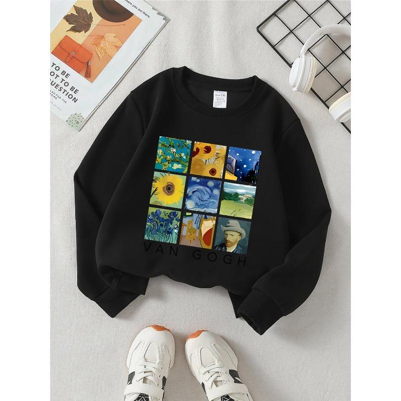 European sizes Kids' round-neck hoodie - Van Gogh Artwork Collage Pattern , Sportswear And Casual Wear, Soft And Comfortable