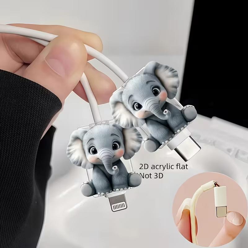 2D Flat Cute Elephant Data Cable Protector - Break-Proof, Phone Data Cable Protector, Phone Accessories