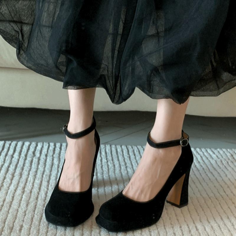 Women's Thick Heel Shoes Autumn New Square Head Shallow Mouth Suede Thick Sole Anti-slip Wear-resistant High Heels