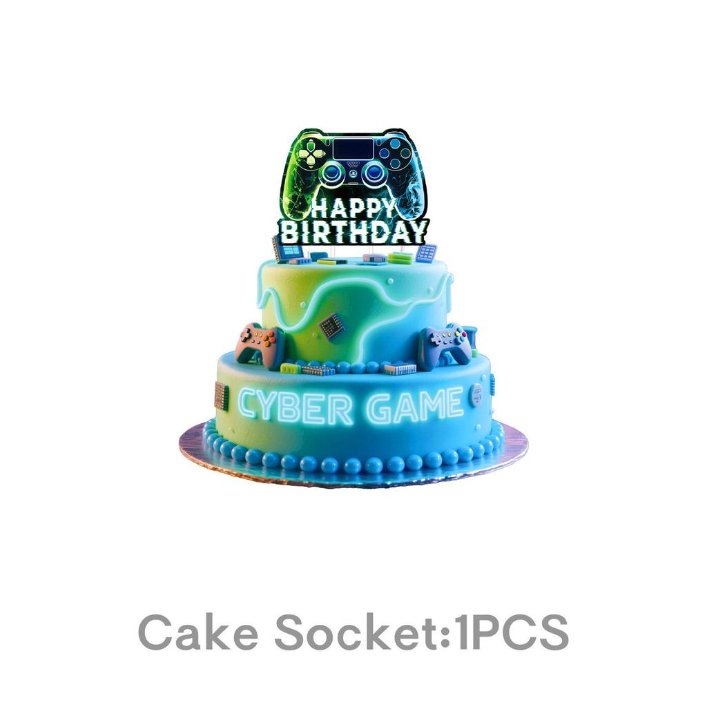 Blue-Green Lightning Glitch Game Controller Birthday Party Tableware Set