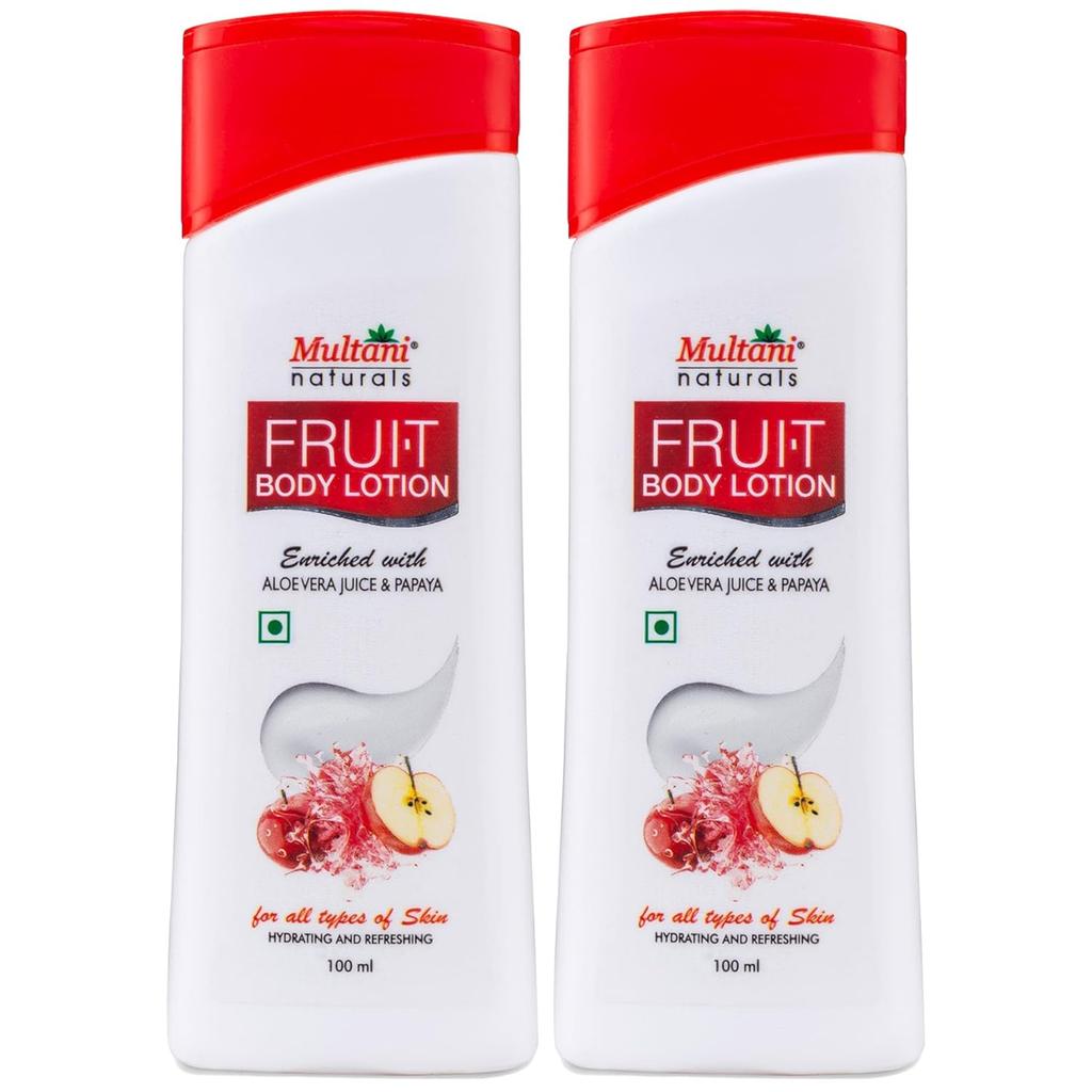 Multani Natural Fruit Body Lotion Pack of 2 100ml Each Quick Absorbing Non Sticky Face Body Hands Moisturizer Glowing Skin Hydration Care