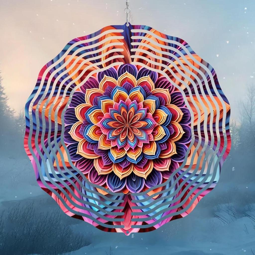 Vibrant 10-inch Mandala Wind Spinner – 2D Kinetic Metal Art with Colorful Floral Design, 360° Rotating Hook for Garden