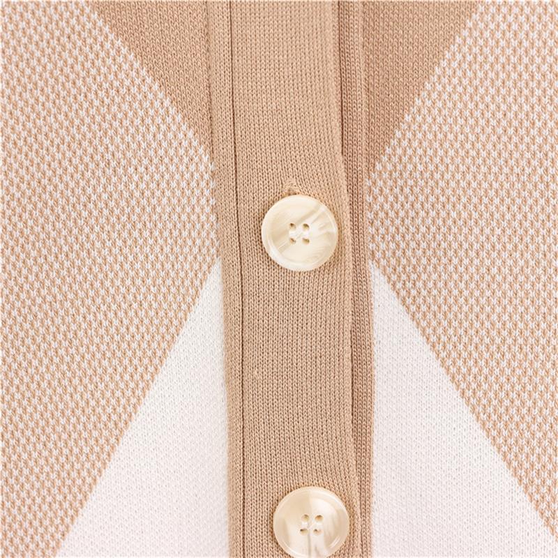 Color Blocking Grid V Neck Knitted Cardigan Fashion Set  Elegant And Wide Leg Pants For Women Two Piece Set