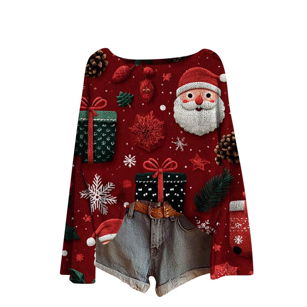 Women's Fashion Christmas Print Lightweight Sweater Casual Long-Sleeve Knit Pullover Top