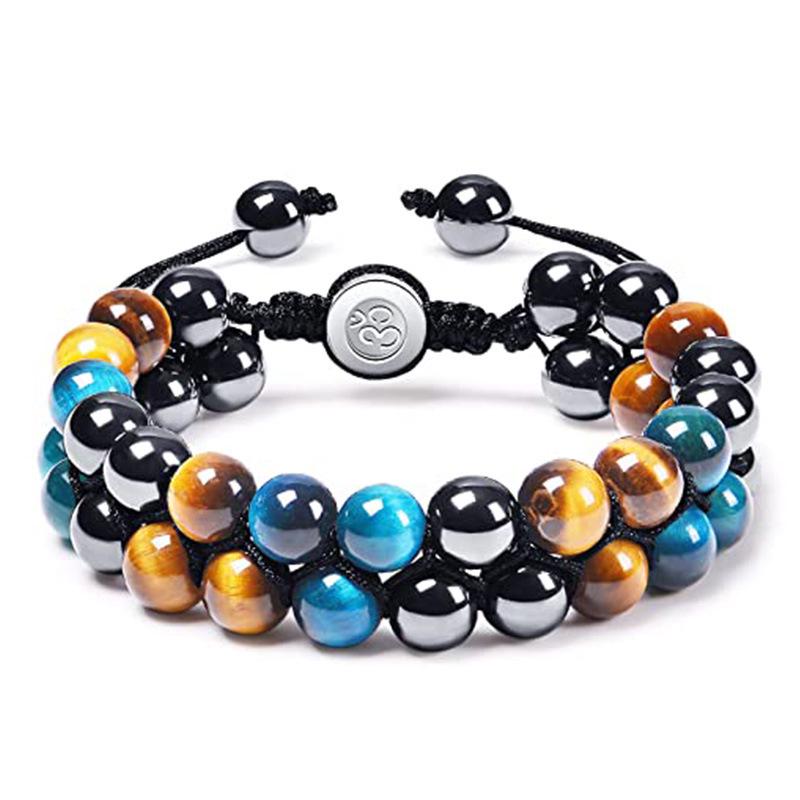 Men's Double-Layer Blue Tiger Eye & Black Agate Magnet Bracelet