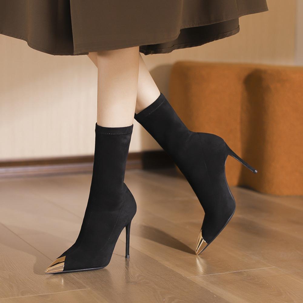 2026 Autumn and Winter Black Short Boots Women's Thin Heels Pointed High Heels Metal Head Elastic Thin Boots One Pedal Mid-Calf