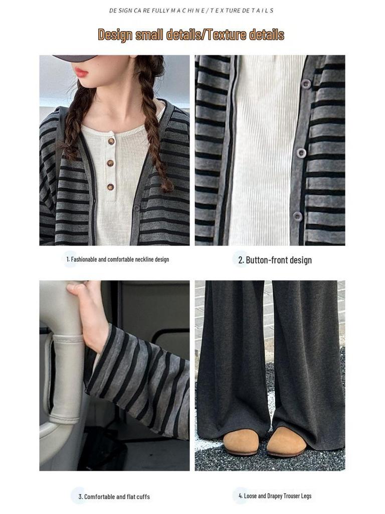 Mädchen 2025 Gestreiftes Cardigan-Set - Herbst/Frühling Koreanischer Stil 3-teiliges Outfit
