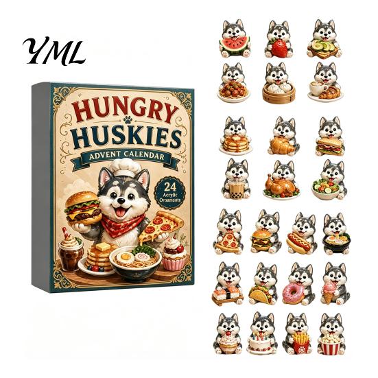 Dog Lover Christmas Gifts Husky Advent Calendar with 24 Foodie Acrylic Ornaments, 2D Flat Tree Decoration, Cute Themed Countdown Box for Home