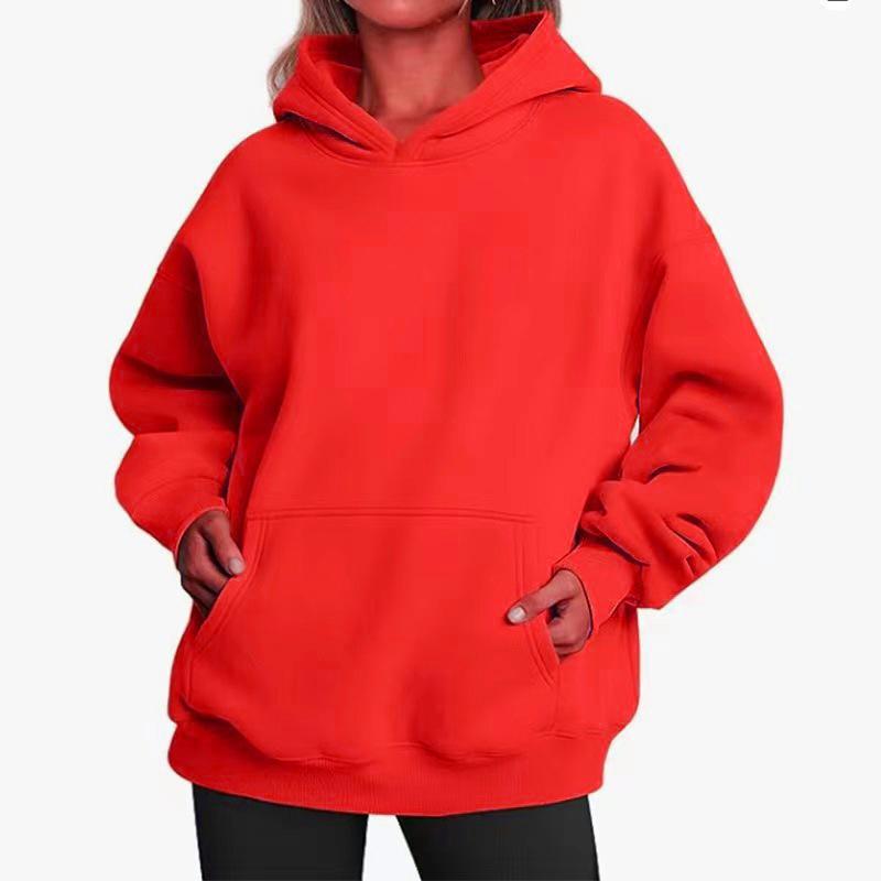Women's Fleece Street Hip-Hop Hoodie: Autumn/Winter Solid Color Long-Sleeve Loose Pullover with Pocket