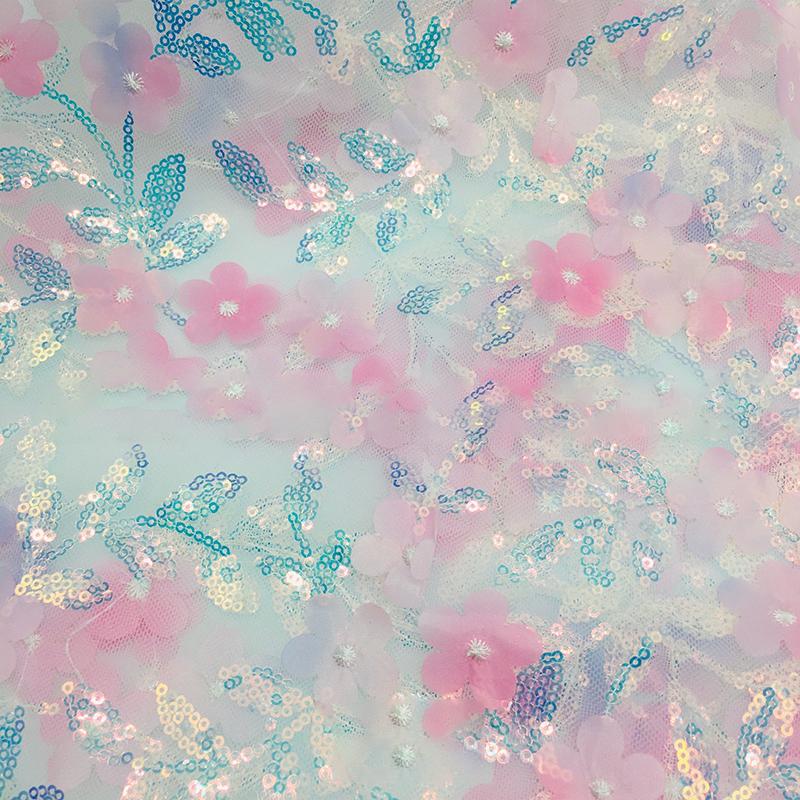100x130cm 3D Floral Sequin Tulle Fabric Printed Sheer Mesh Cloth Glitter Sequin Net for Wedding Dress DIY Sewing Decor Material