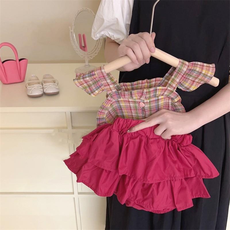 Adorable Korean Style Girls Cotton Two Piece Set For Summer With Sweet Checkered Design