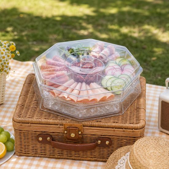 Rotating Serving Tray, with Multi-Compartment And Central Sauce Cup Design, Food Tray for Cold Cuts Seafood Fruits Vegetables