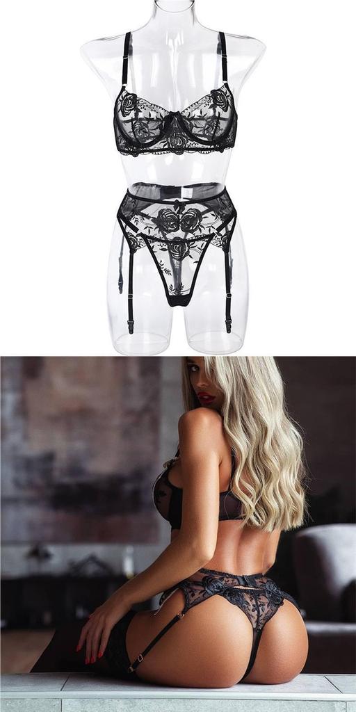 Mesh Embroidery Bra, Panties & Garter Lingerie Set