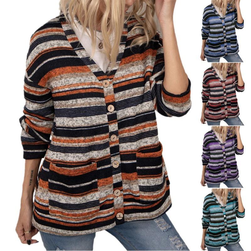Damen S V-Ausschnitt Strick Knopf Tasche Cardigan Pullover Langarm Top