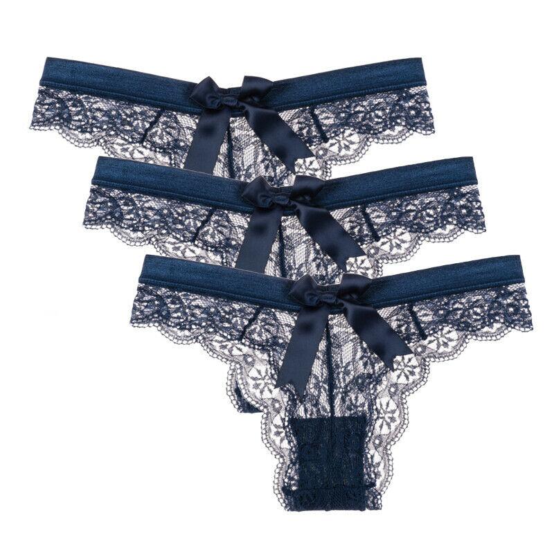 3 Pcs/Lot Women's Lace Bow Thongs Sexy Low Waist Panties Underpants