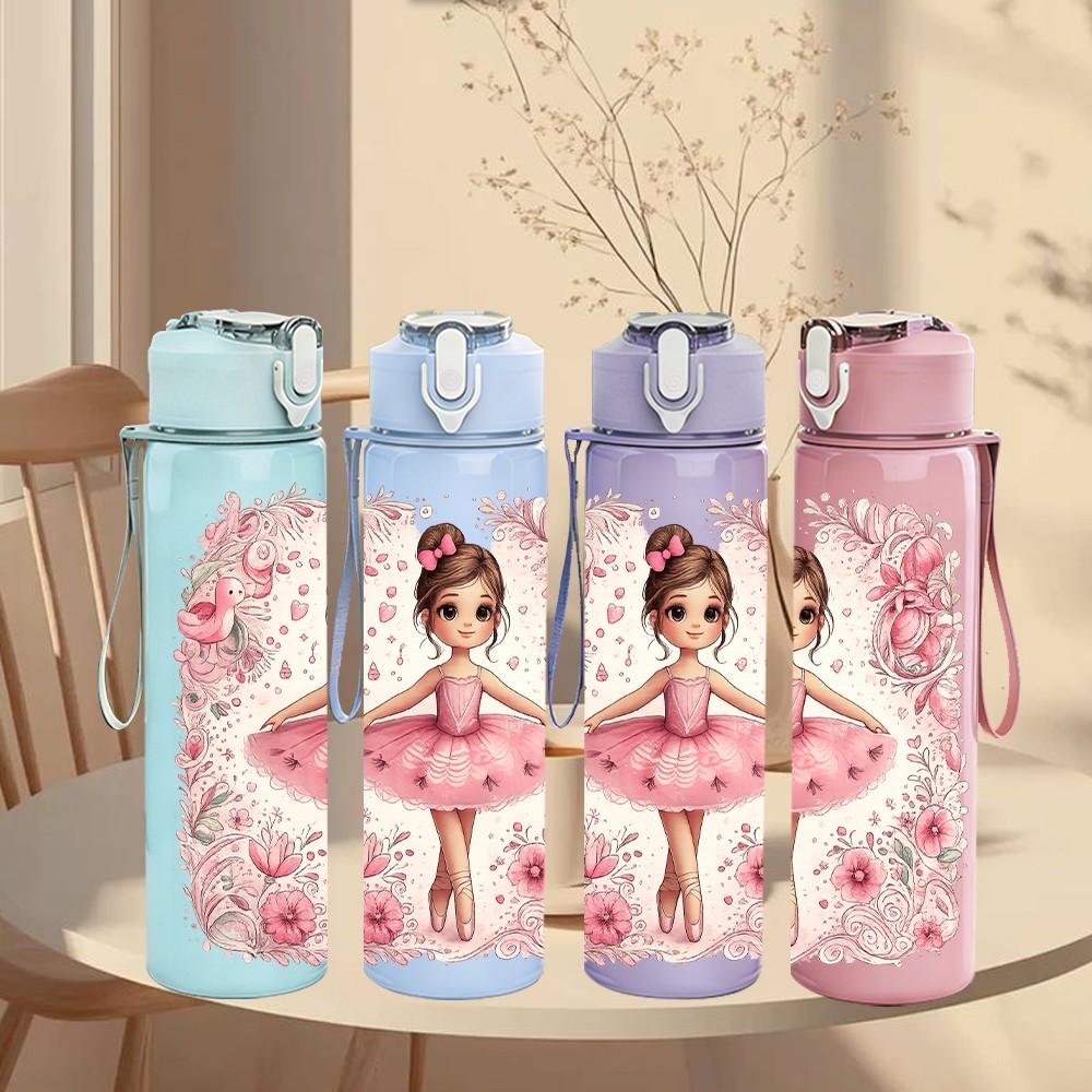 1PC Pink Floral Ballerina Girl Print 750ml Color Plastic Sports Water Bottle Leakproof Flip Straw Lid Suitable for Sports Office Home Use