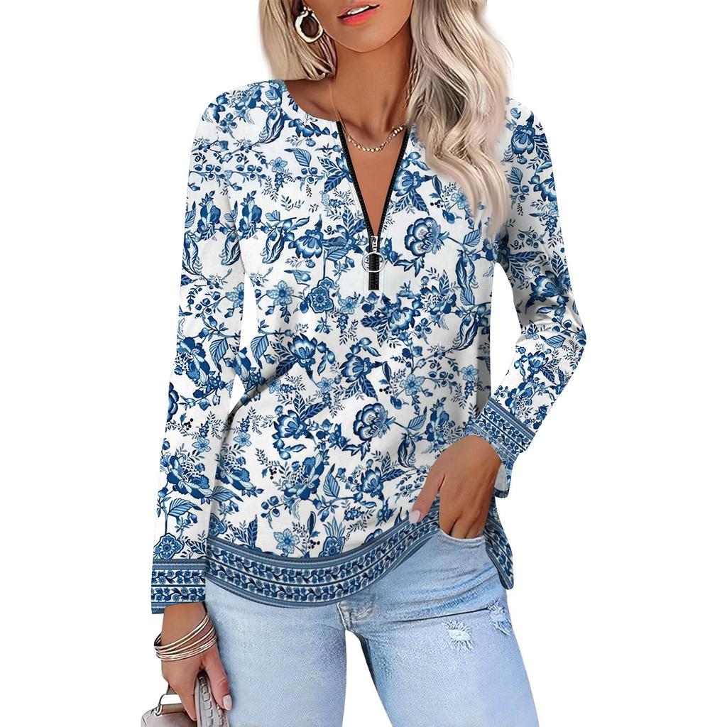 Damenmode Lässig Bedruckt Reißverschluss V-Ausschnitt Langarm Shirt Tops