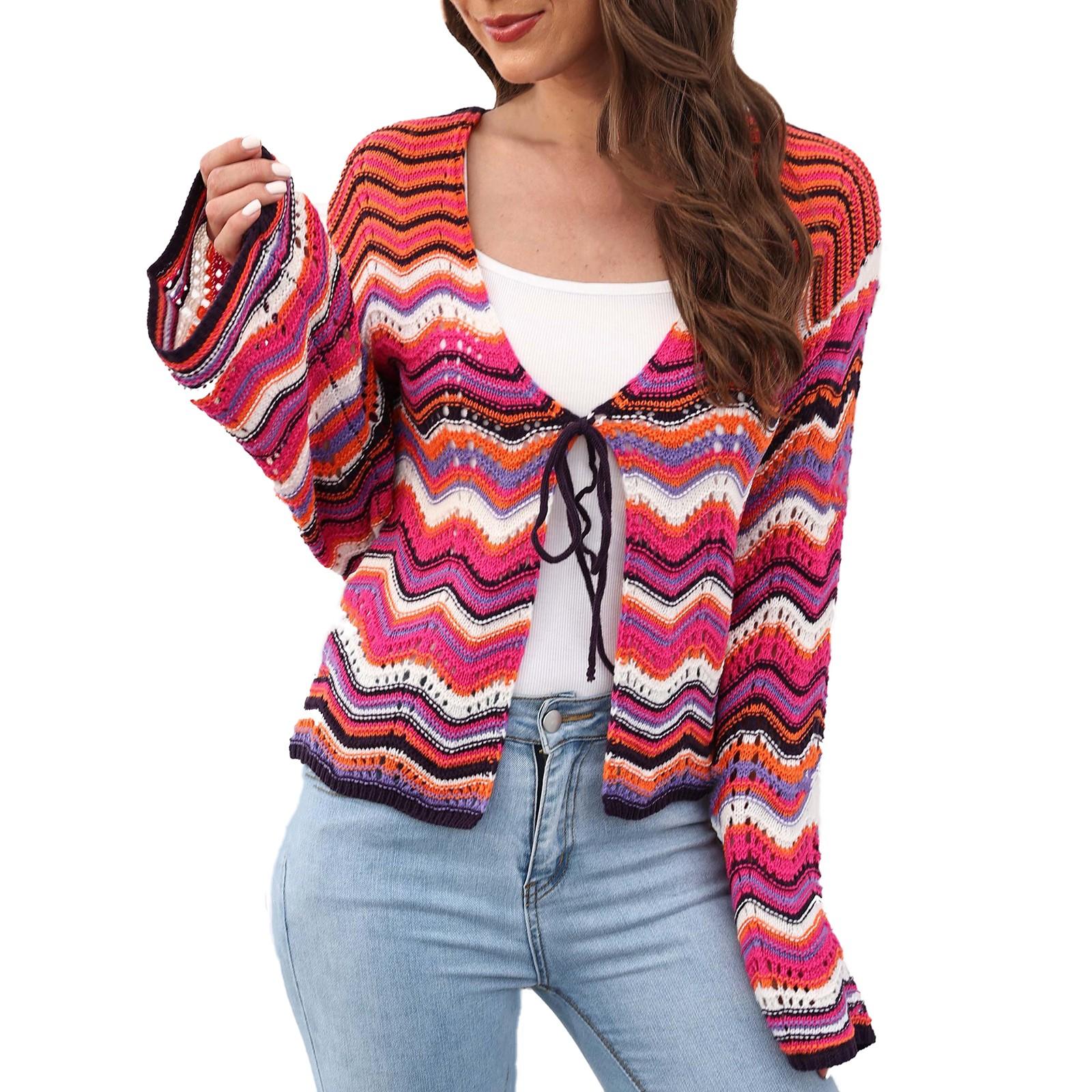 

Жіночий повсякденний модний зручний в язаний кардиган з кольоровими швами в смужку з веселковим візерунком XL