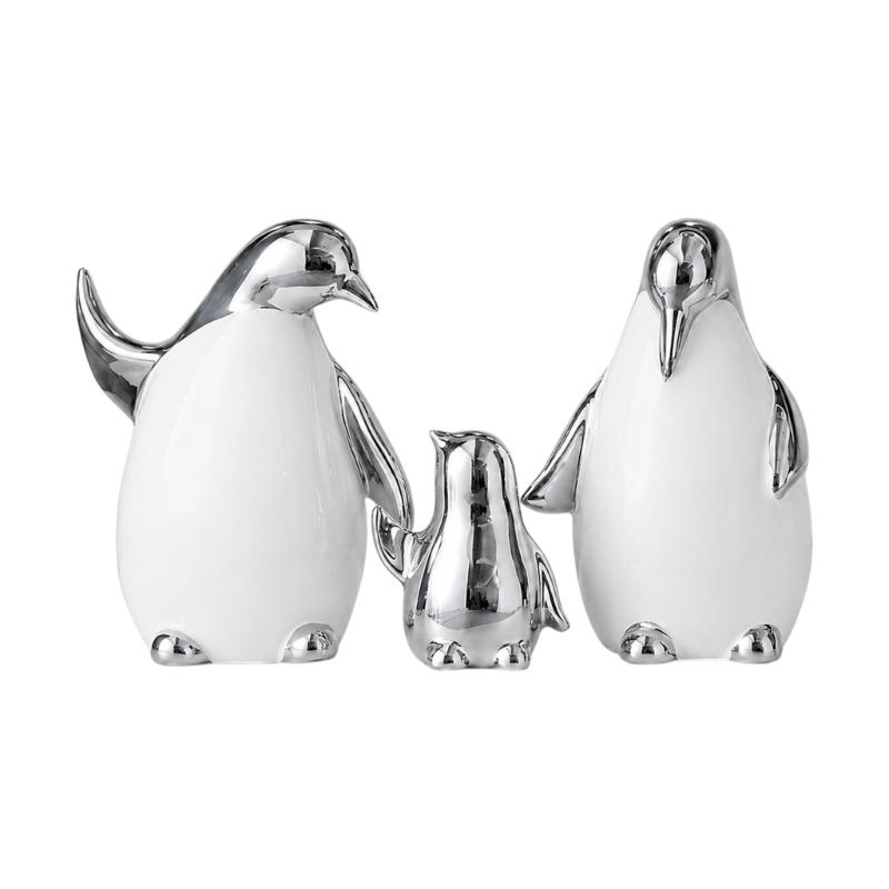 Elegant Ceramic Penguins Family Ornament 3Pcs Animal Sculpture Set Modern Home Office Decors