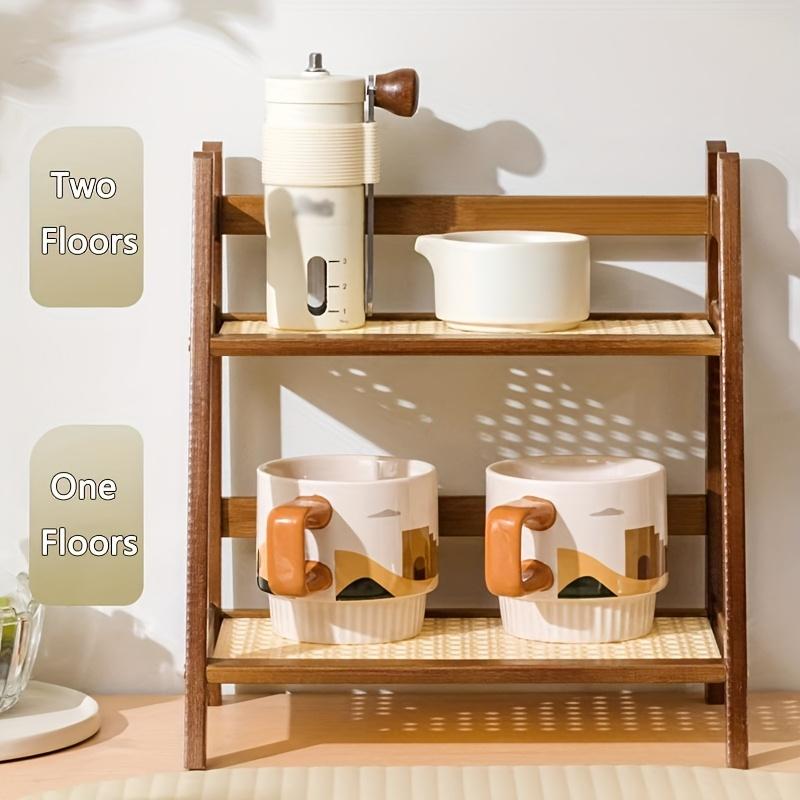 Organizzatore di Tazze a Doppio Strato, Scaffale Portaoggetti Stile Rattan, Portaoggetti da Tavolo per Cucina, Vassoio Multifunzionale per Organizzazione Casa Ufficio Campeggio