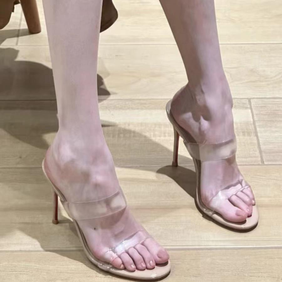 [Spot] Nude One-word with Transparent Leak-toe Sandals Women's New Sexy Outer Slippers Stiletto High Heels