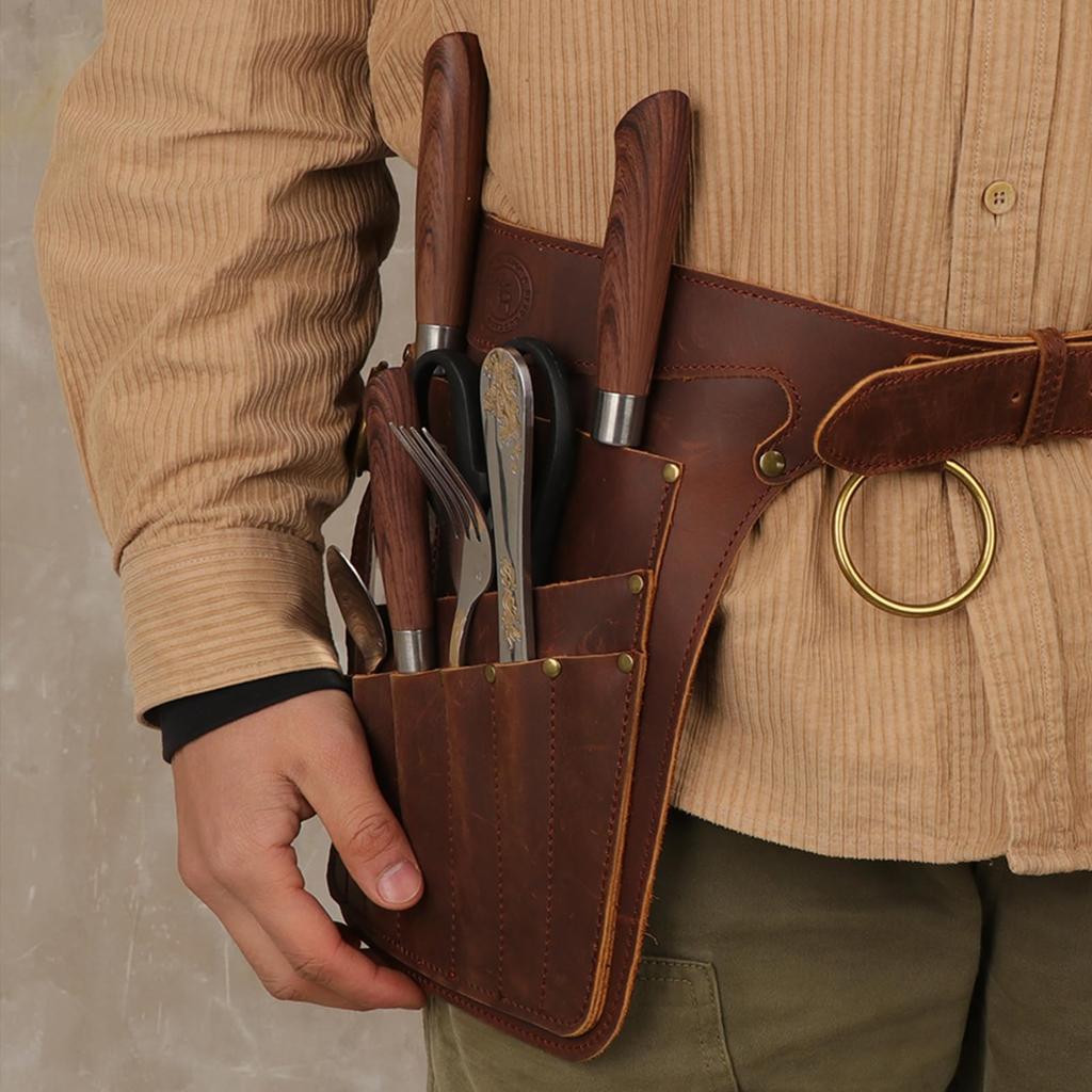 TOURBON Cutlery Waist Outdoor Dish Storage Genuine Leather Chef Camping Dish Camping Dish Dish Holder Case, Camping, BBQ, Pouch, Bag, Case, Storage,
