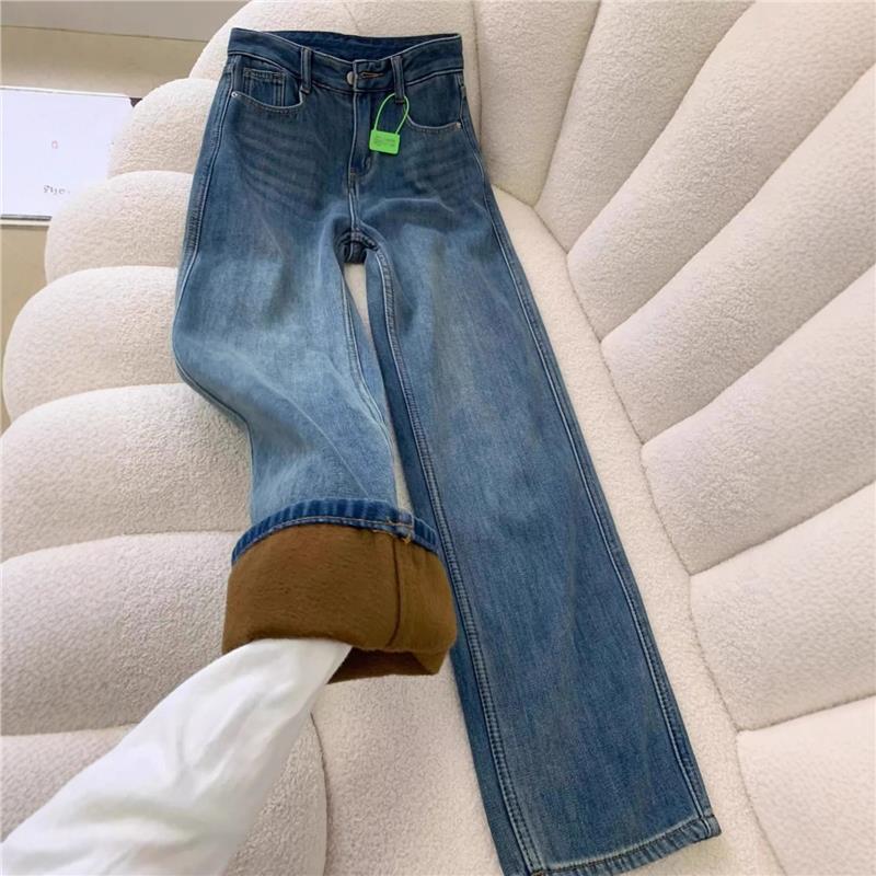 2025 Women's High Waist Retro Blue Fleece-Lined Straight Leg Jeans for Autumn/Winter - Slim Fit and Wide Leg