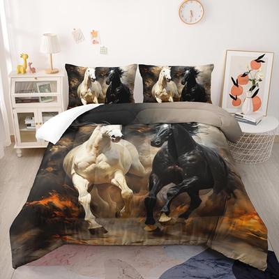 Horse Print Bedding Set, Black And White Horse Bed Linen Set, Western Farm Animal Print Duvet Cover Set, 3D Horse Pattern