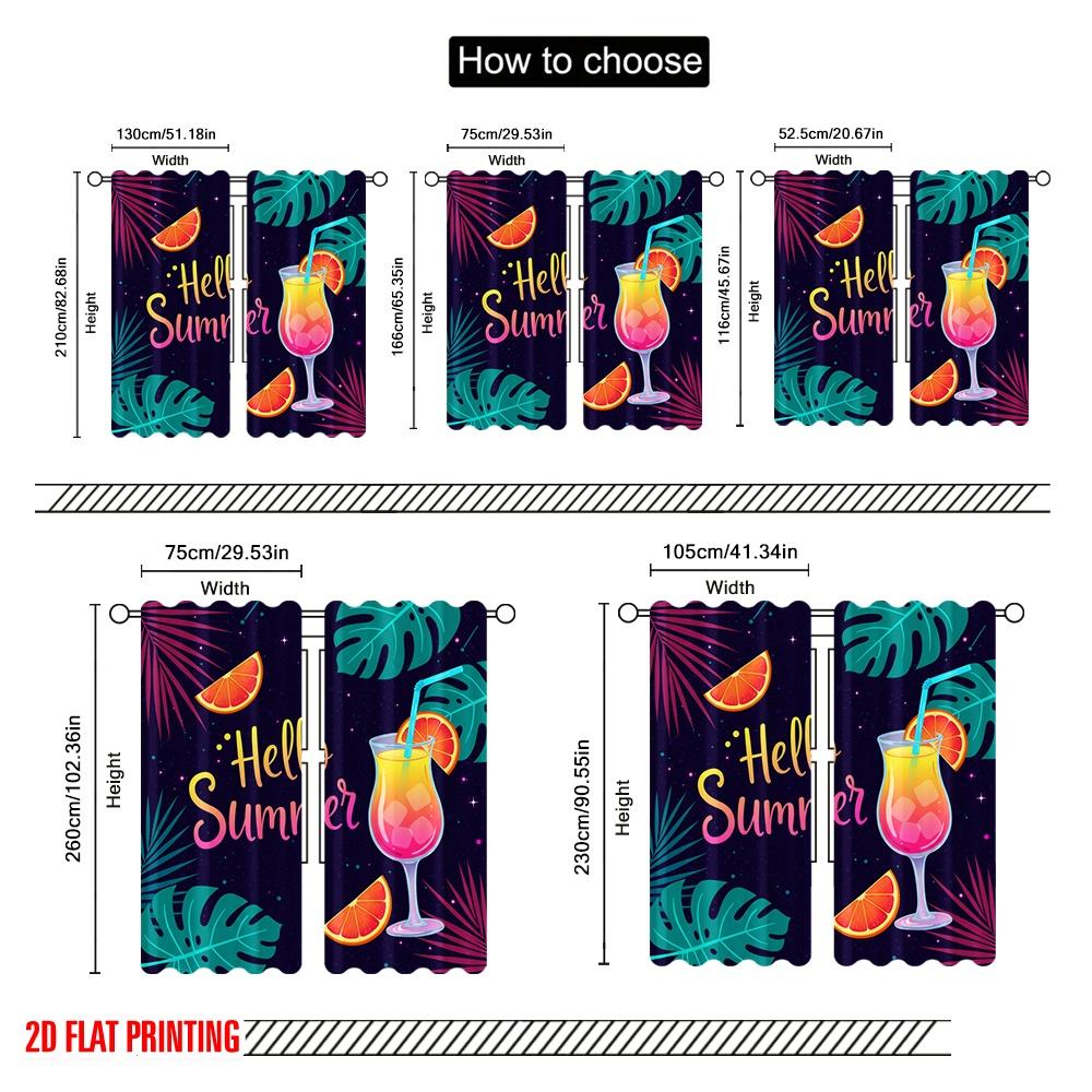2pcs 2D Flat Printing Curtain Hello Summer Tropical Drink Polyester Without Electricity Festive Wall Decor Use for Classroom
