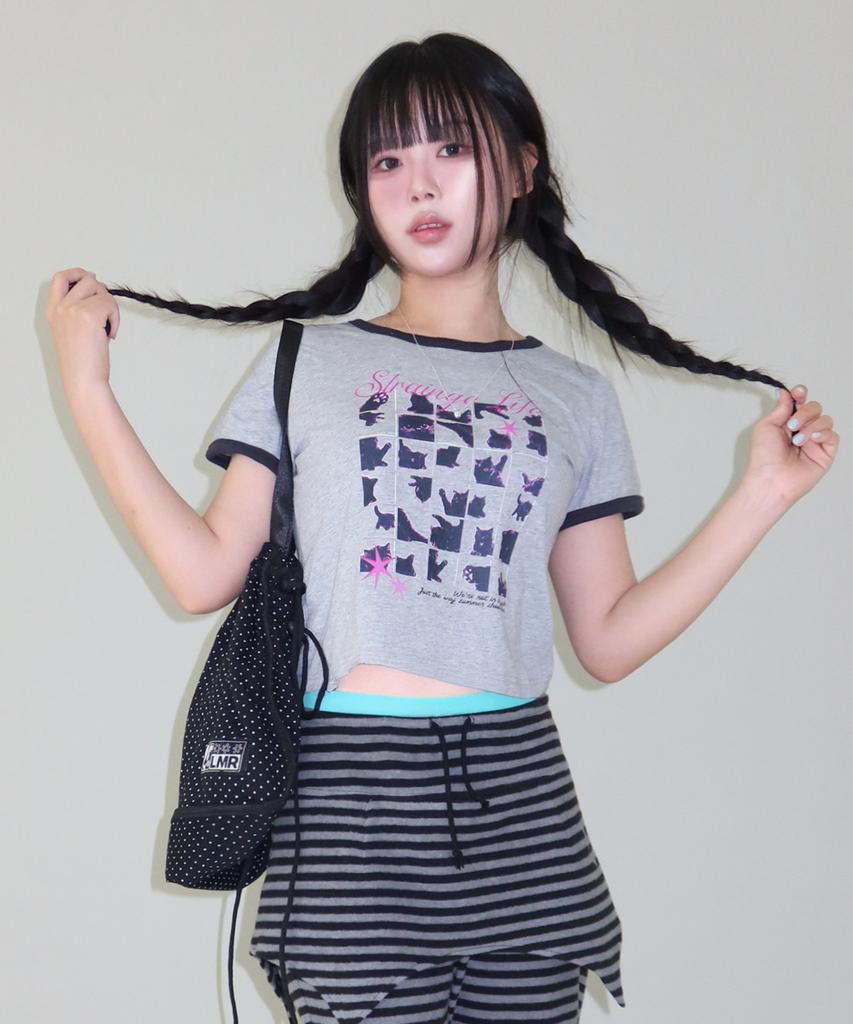 LMR Cat Foster Ringer Crop Short Sleeve T-Shirt Grey