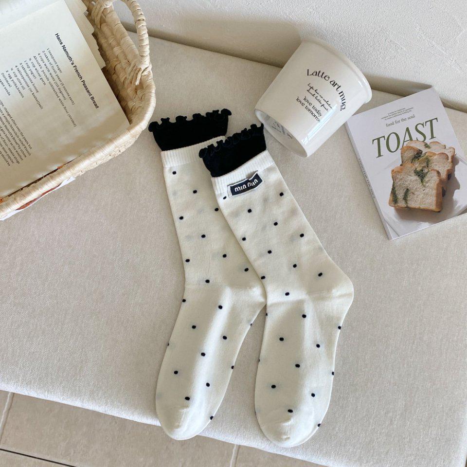 Chaussettes Mi-Mollet à Pois et Dentelle pour Femmes, Style Collège, Début d'Automne