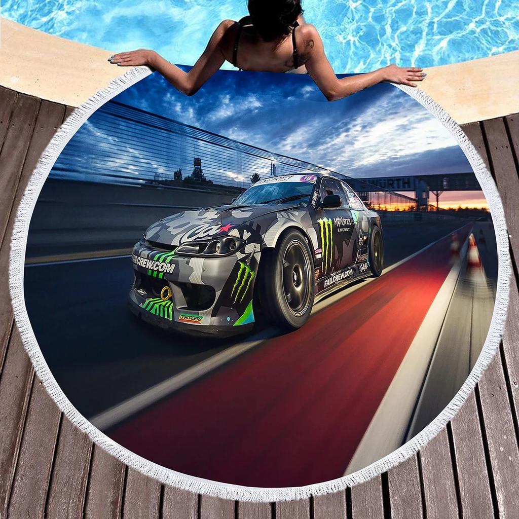 Sport Car Round Beach Towel,Cool Racing Print Sand Resistant Beach Blanket,Absorbent Quick Dry Pool Towel Portable Picnic Mat