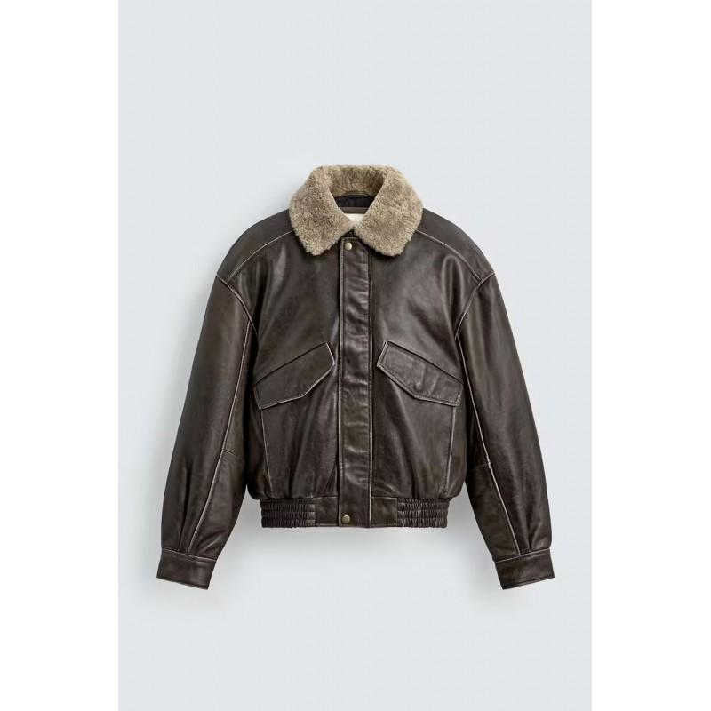 Mens Retro Color-Block Faux Shearling Collar Leather Jacket Casual Outerwear Winter
