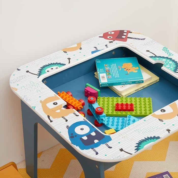 GINGER HOME Kindertisch umkehrbar mit 2 Stühlen – Doppelseitige Tischplatte, Kompatibel mit LEGO-Steinen, Mal- & MONSTER Aktivitäten