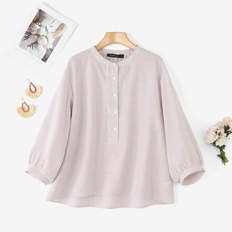 ZANZEA Blouse Décontractée à Col Montant pour Femmes, Manches Longues Amples à Rayures